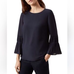 Hobbs London Harriet Bell Sleeve Blouse Size 10 in Navy
